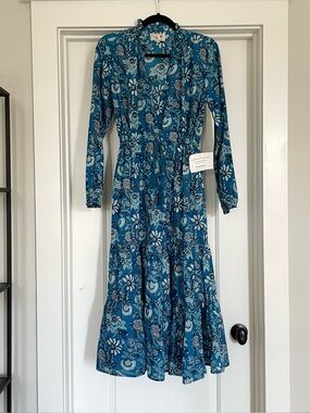 Mille Blue Floral Ruffle Drawstring Long Sleeve Midi Dress 100% Cotton Size M